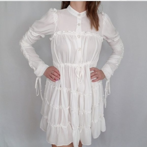 Ina White Babydoll Long Sleeve Dress With Pearl and Rhinestone Buttons Medium - Picture 6 of 8